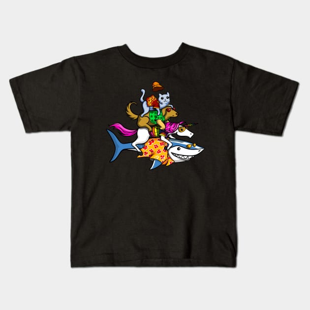 Animals Riding Shark Kids T-Shirt by underheaven